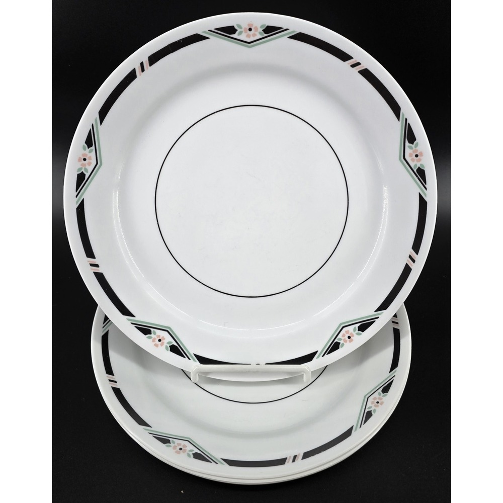 Set of 4 Corelle Zenith Dinner Plate 10.25" White Black 90s Geometric Tribal Vtg